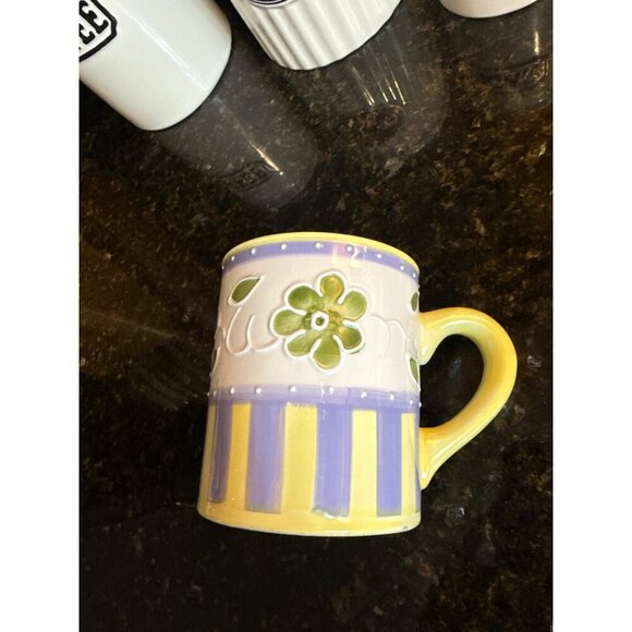 Hand-Painted Floral Ceramic Mug Yellow & Purple Stripes With Green Flower Design - Picture 3 of 5